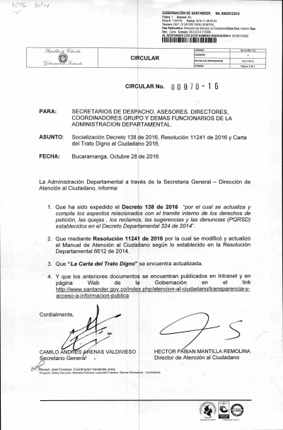 CIRCULAR N° 00070-16 Socialización Decreto 138 de 2016, Resolución 11241 de 2016 y Carta del Trato Digno al Ciudadano 2016.
