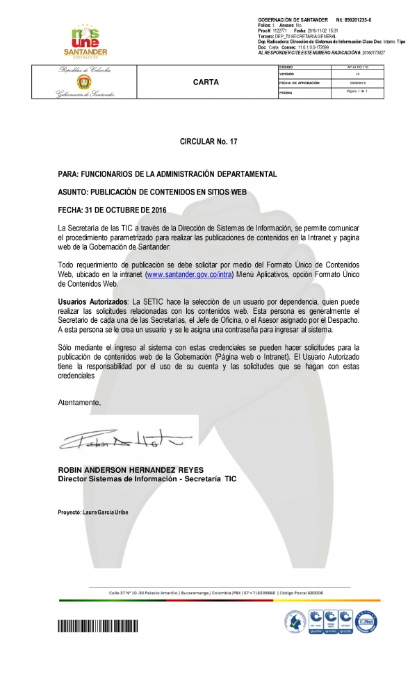 CIRCULAR N°17 PUBLICACIÓN DE CONTENIDOS EN SITIO WEB
