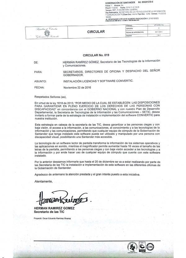 CIRCULAR N°019 Instalación Licencias y Software Convertic.