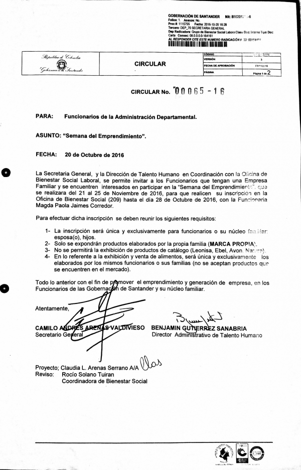Circular No. 00065-16 Semana del Emprendimiento
